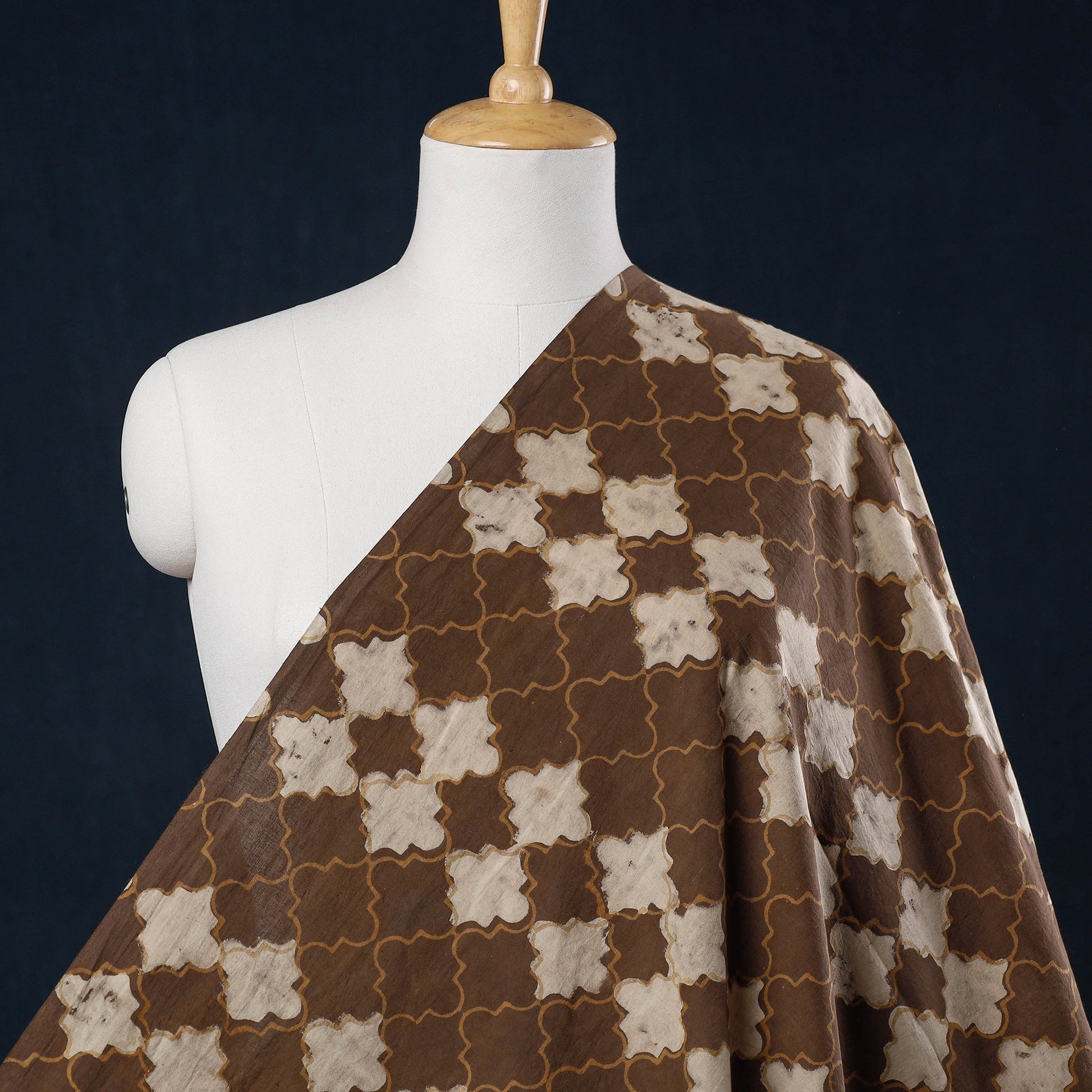 Brown - Hand Block Print Checkered Design Cotton Akola Fabric