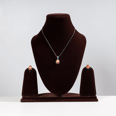 Antique Silver Finish Oxidised Brass Base Stone Work Necklace Set