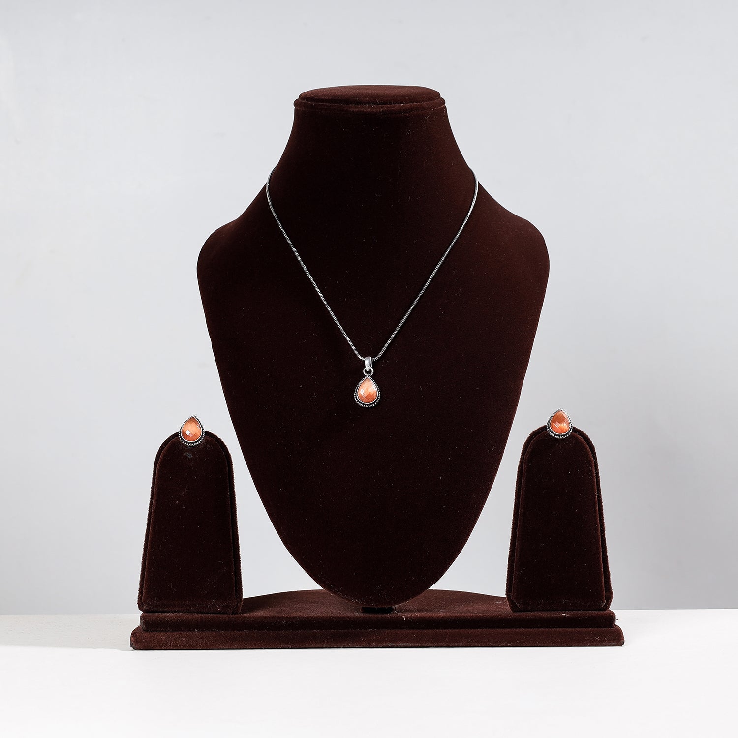Antique Silver Finish Oxidised Brass Base Stone Work Necklace Set
