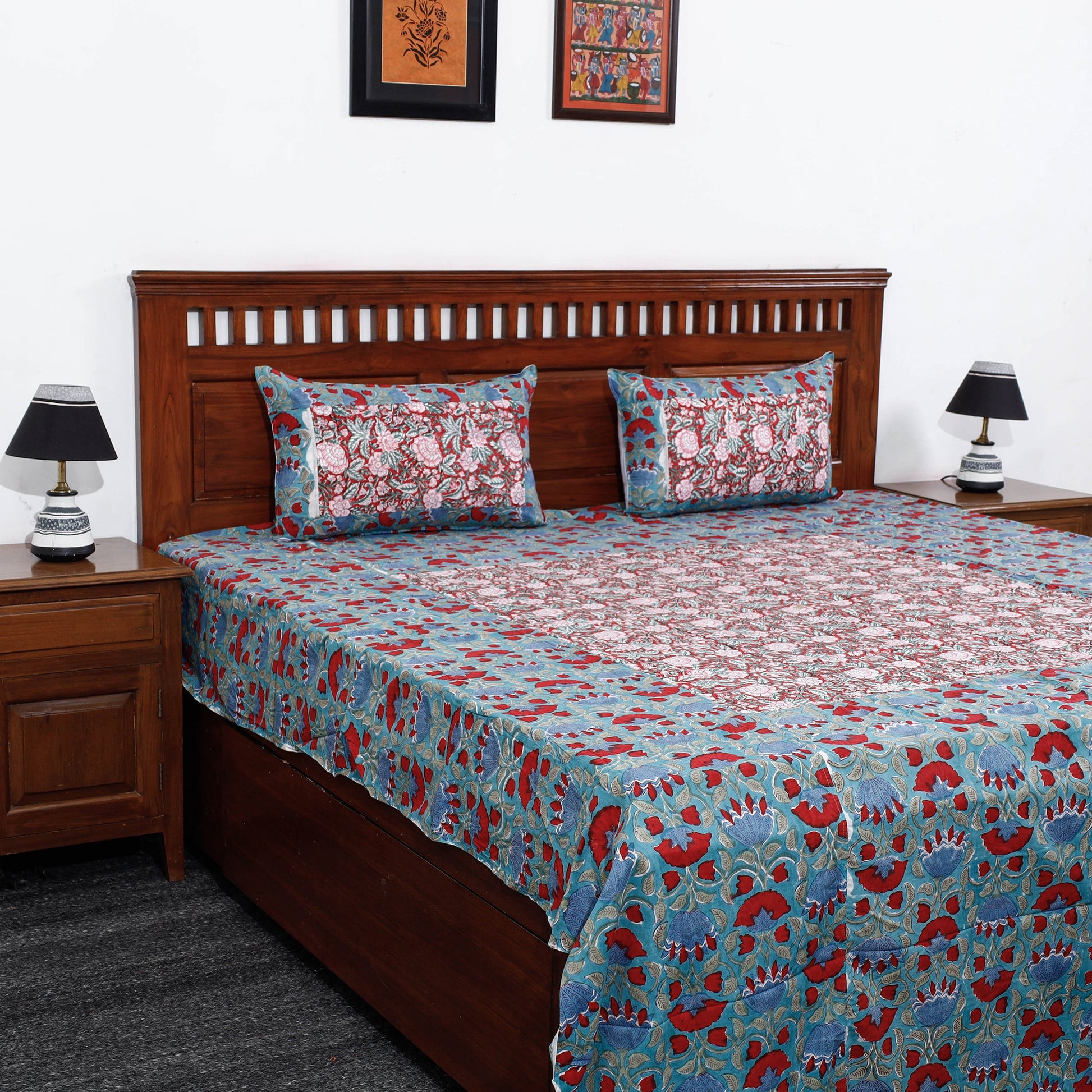 Blue - Block Print Patchwork Cotton Sanganeri Bed Sheet