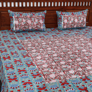 Blue - Block Print Patchwork Cotton Sanganeri Bed Sheet