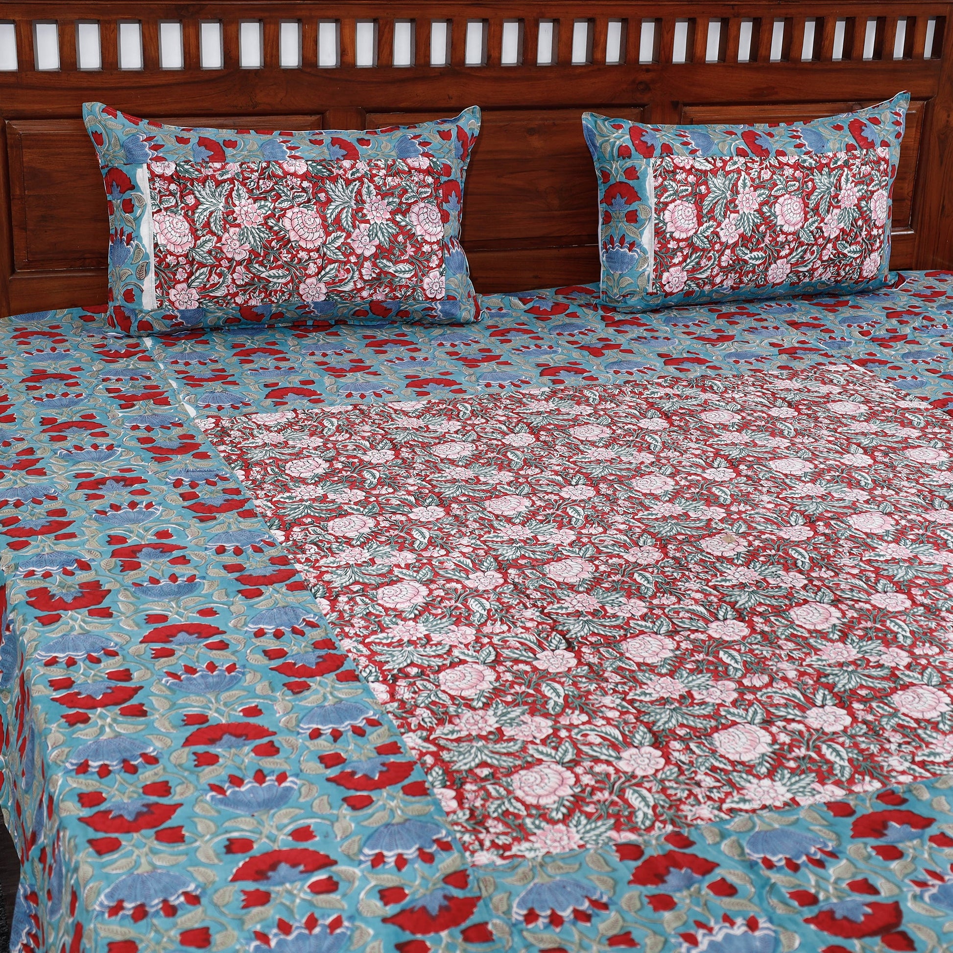Blue - Block Print Patchwork Cotton Sanganeri Bed Sheet
