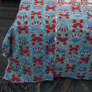 Blue - Block Print Patchwork Cotton Sanganeri Bed Sheet