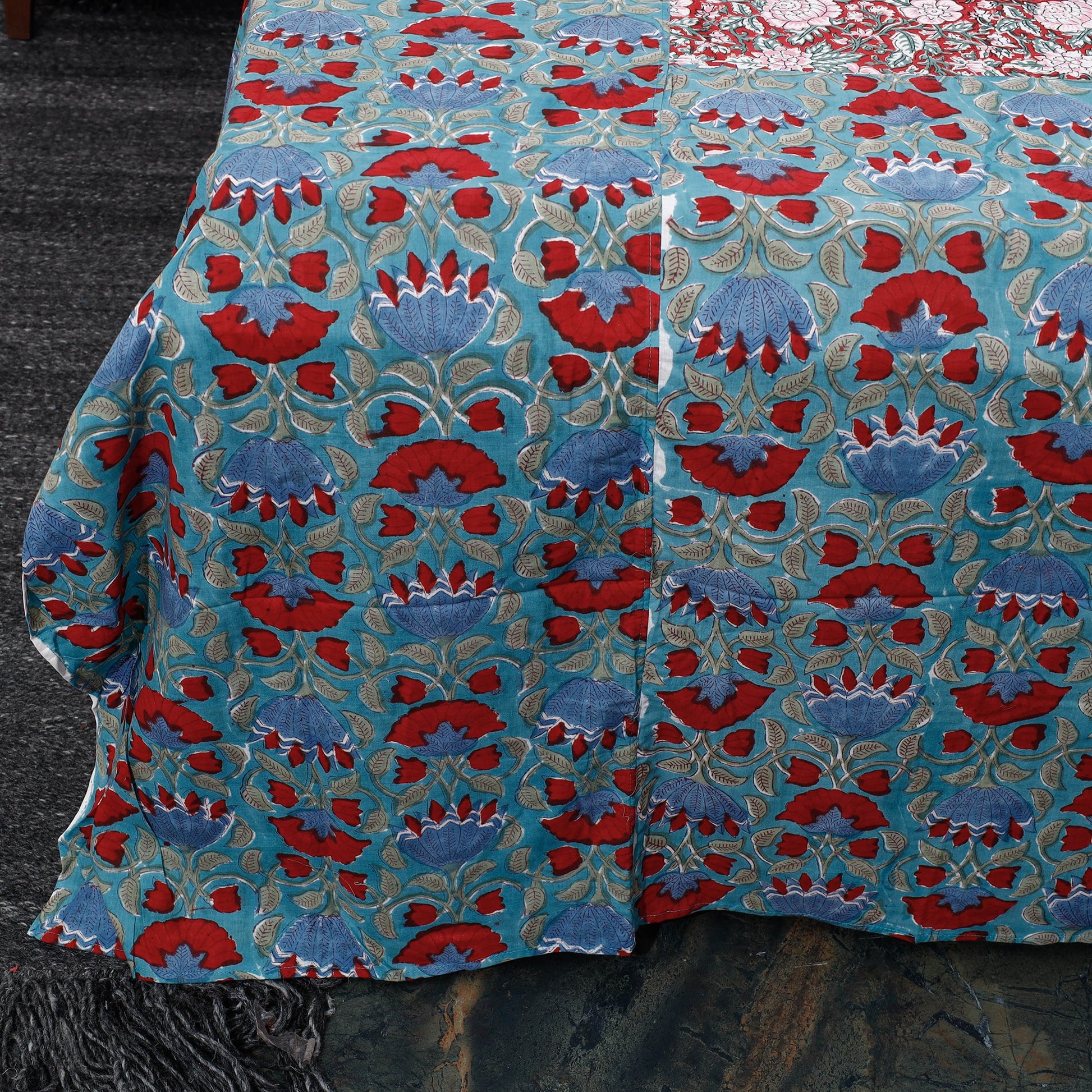 Blue - Block Print Patchwork Cotton Sanganeri Bed Sheet