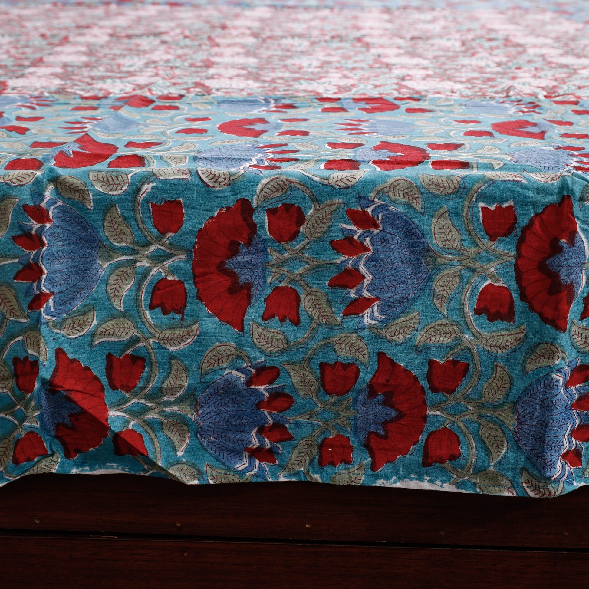 Blue - Block Print Patchwork Cotton Sanganeri Bed Sheet