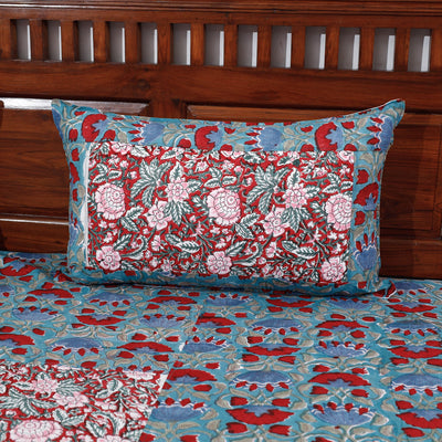 Blue - Block Print Patchwork Cotton Sanganeri Bed Sheet