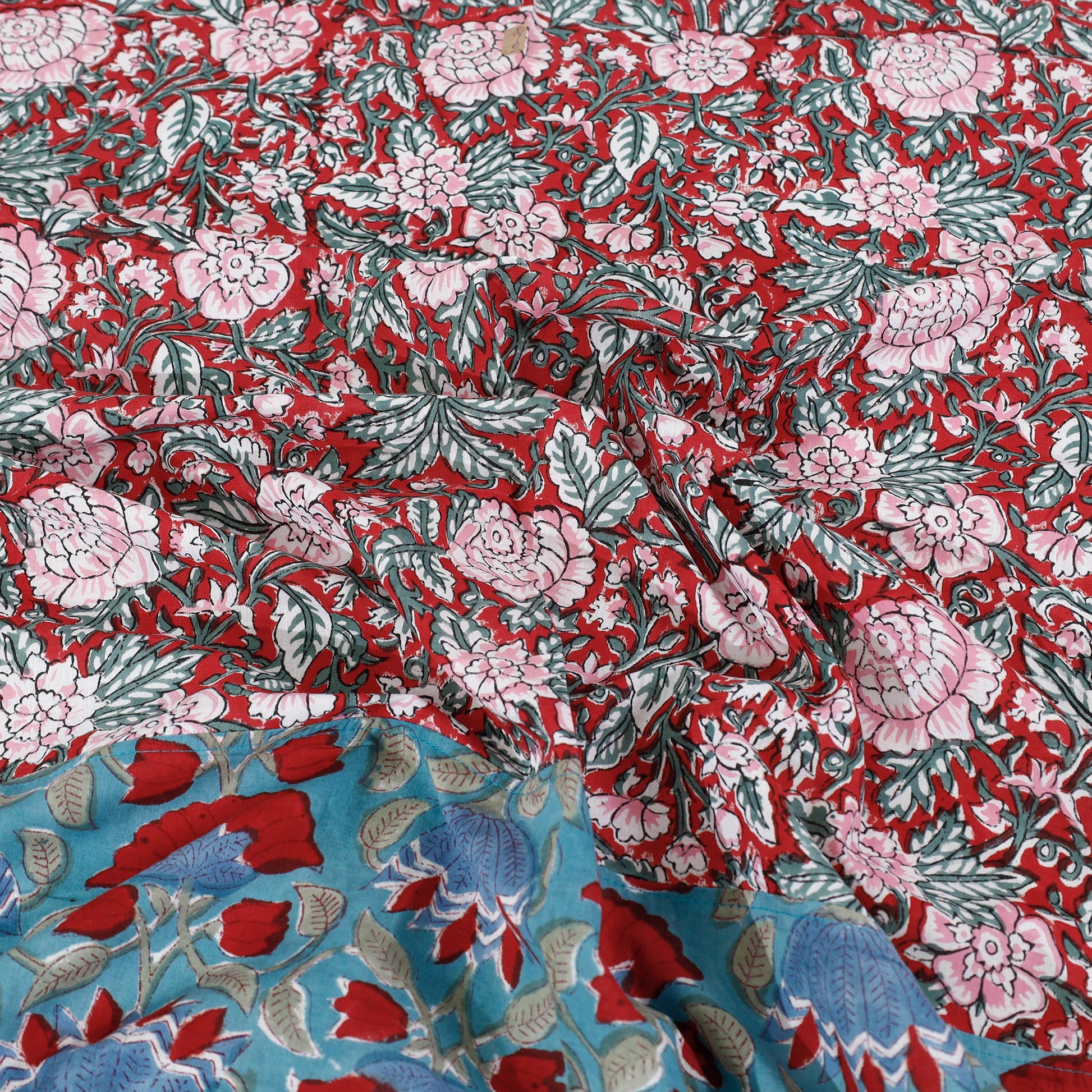 Blue - Block Print Patchwork Cotton Sanganeri Bed Sheet