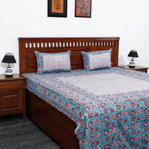 Blue - Block Print Patchwork Cotton Sanganeri Bed Sheet