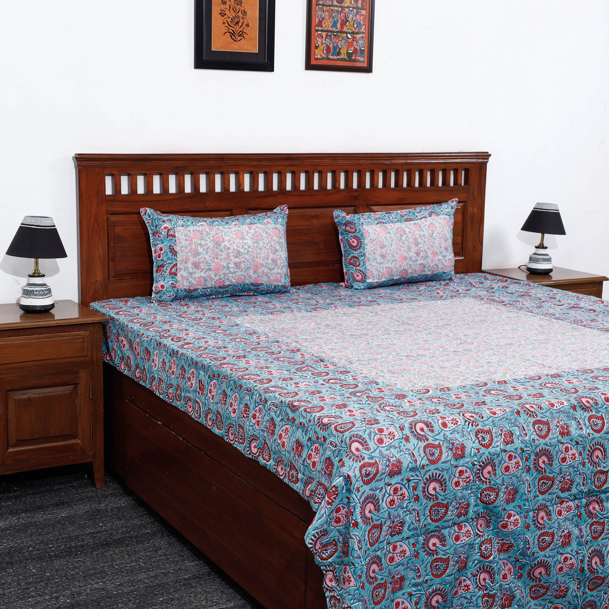 Blue - Block Print Patchwork Cotton Sanganeri Bed Sheet