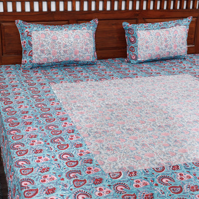Blue - Block Print Patchwork Cotton Sanganeri Bed Sheet