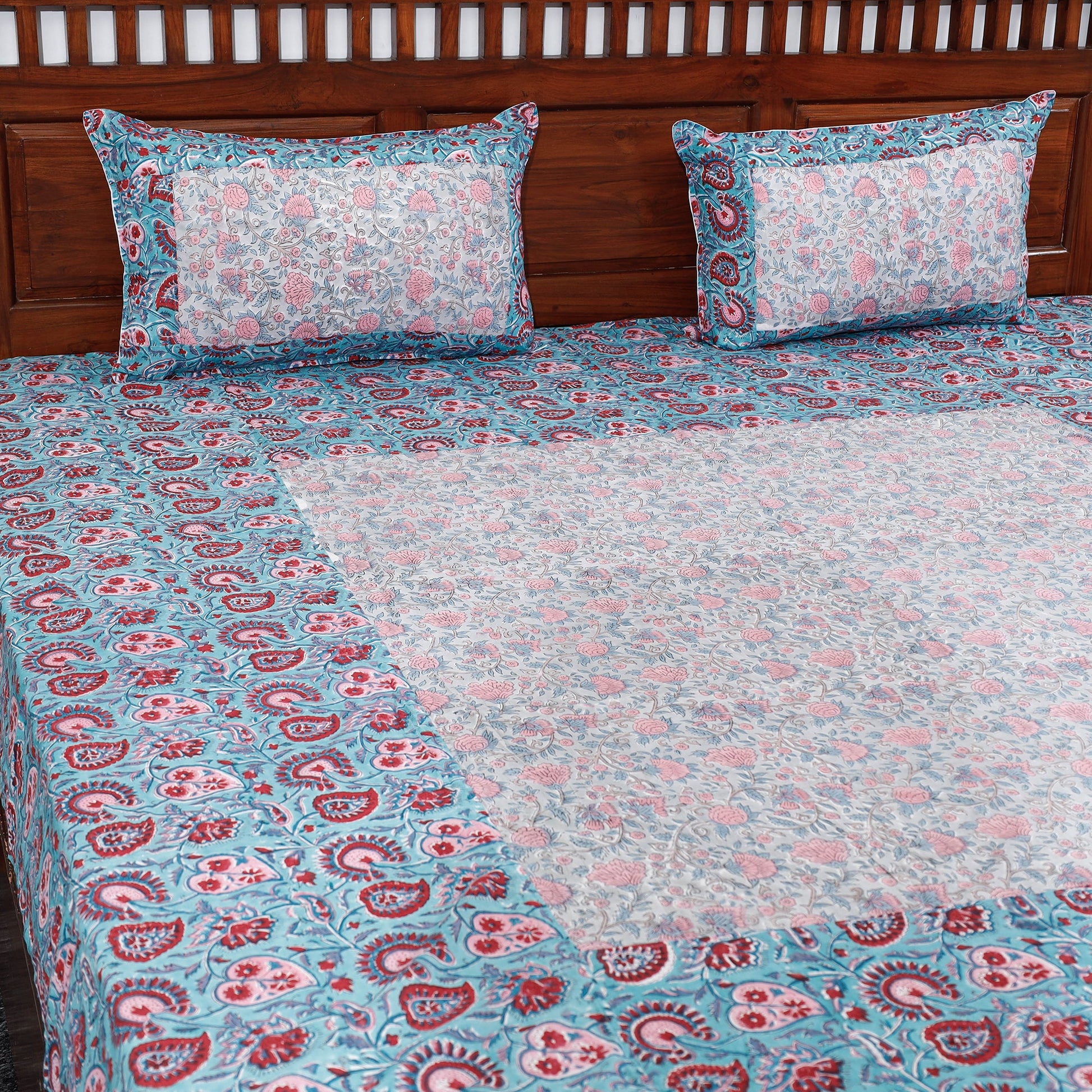 Blue - Block Print Patchwork Cotton Sanganeri Bed Sheet