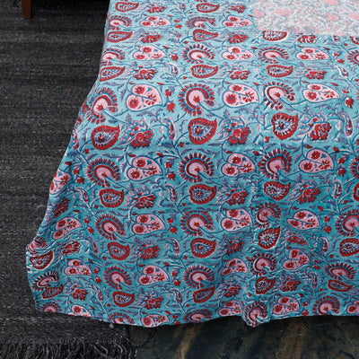 Blue - Block Print Patchwork Cotton Sanganeri Bed Sheet