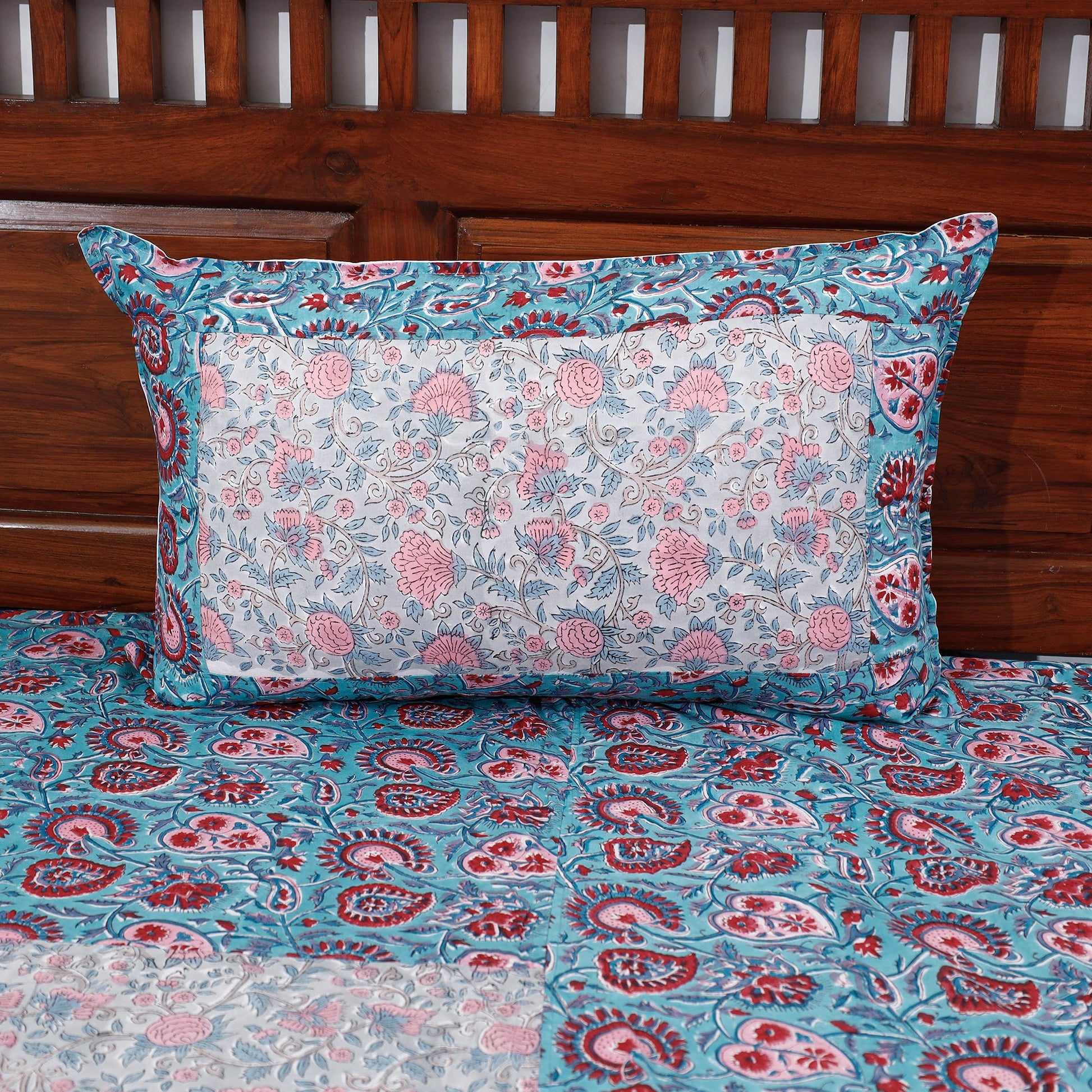 Blue - Block Print Patchwork Cotton Sanganeri Bed Sheet