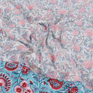 Blue - Block Print Patchwork Cotton Sanganeri Bed Sheet