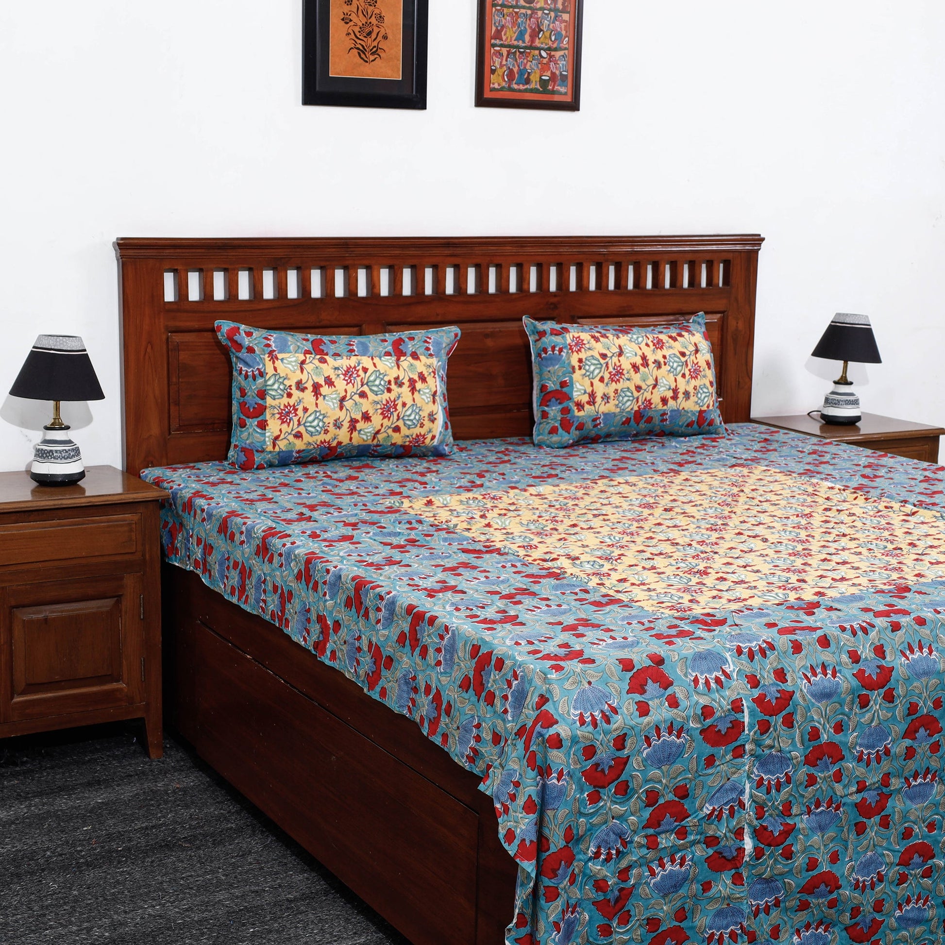 Blue - Block Print Patchwork Cotton Sanganeri Bed Sheet