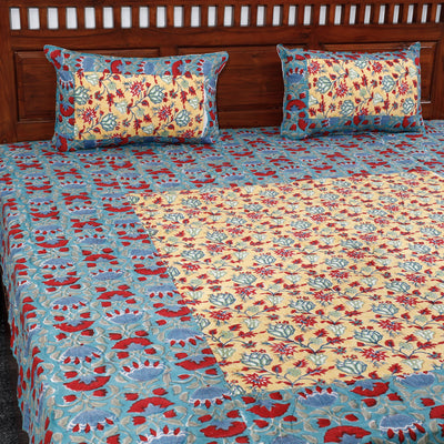 Blue - Block Print Patchwork Cotton Sanganeri Bed Sheet