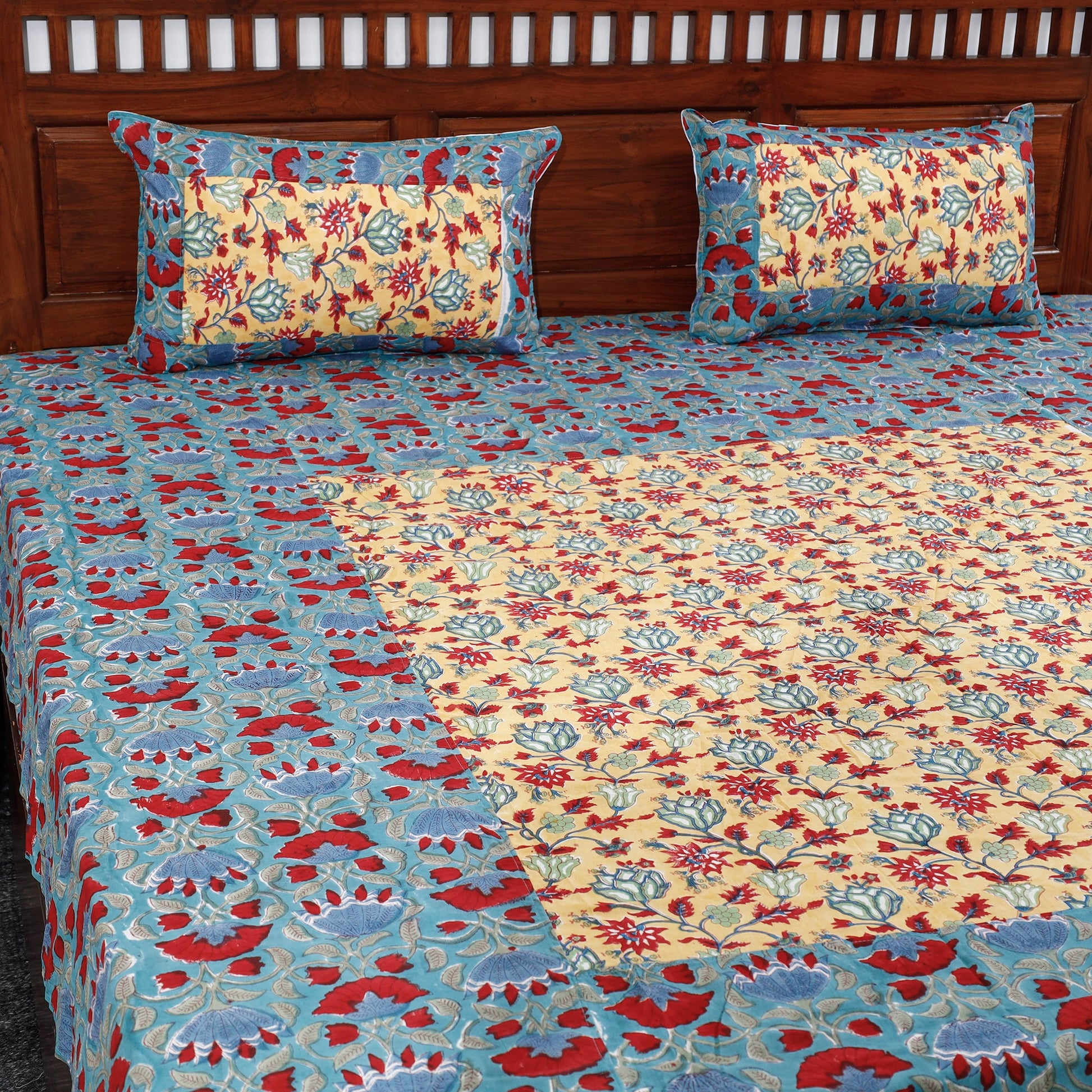 Blue - Block Print Patchwork Cotton Sanganeri Bed Sheet