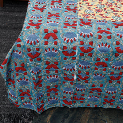 Blue - Block Print Patchwork Cotton Sanganeri Bed Sheet