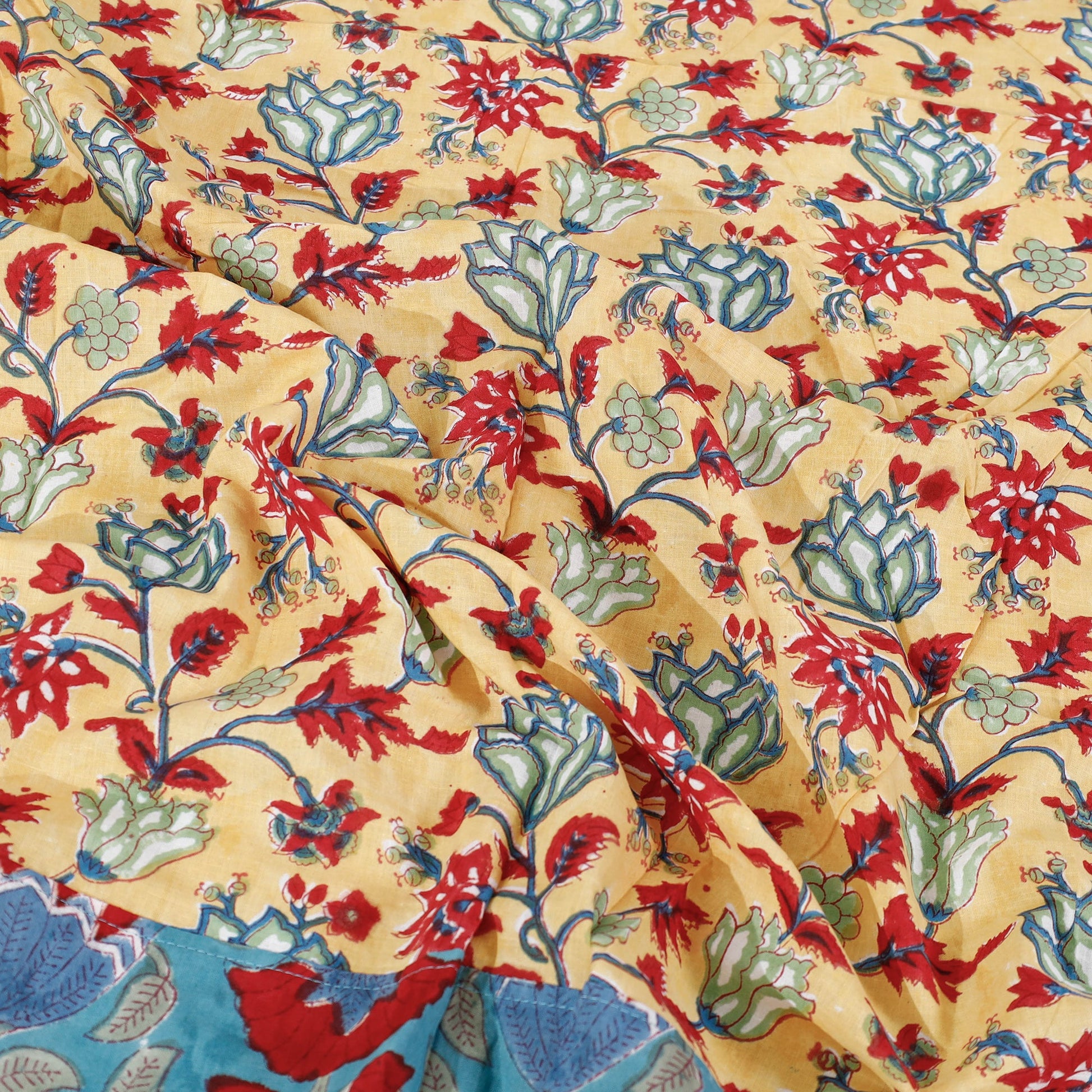Blue - Block Print Patchwork Cotton Sanganeri Bed Sheet