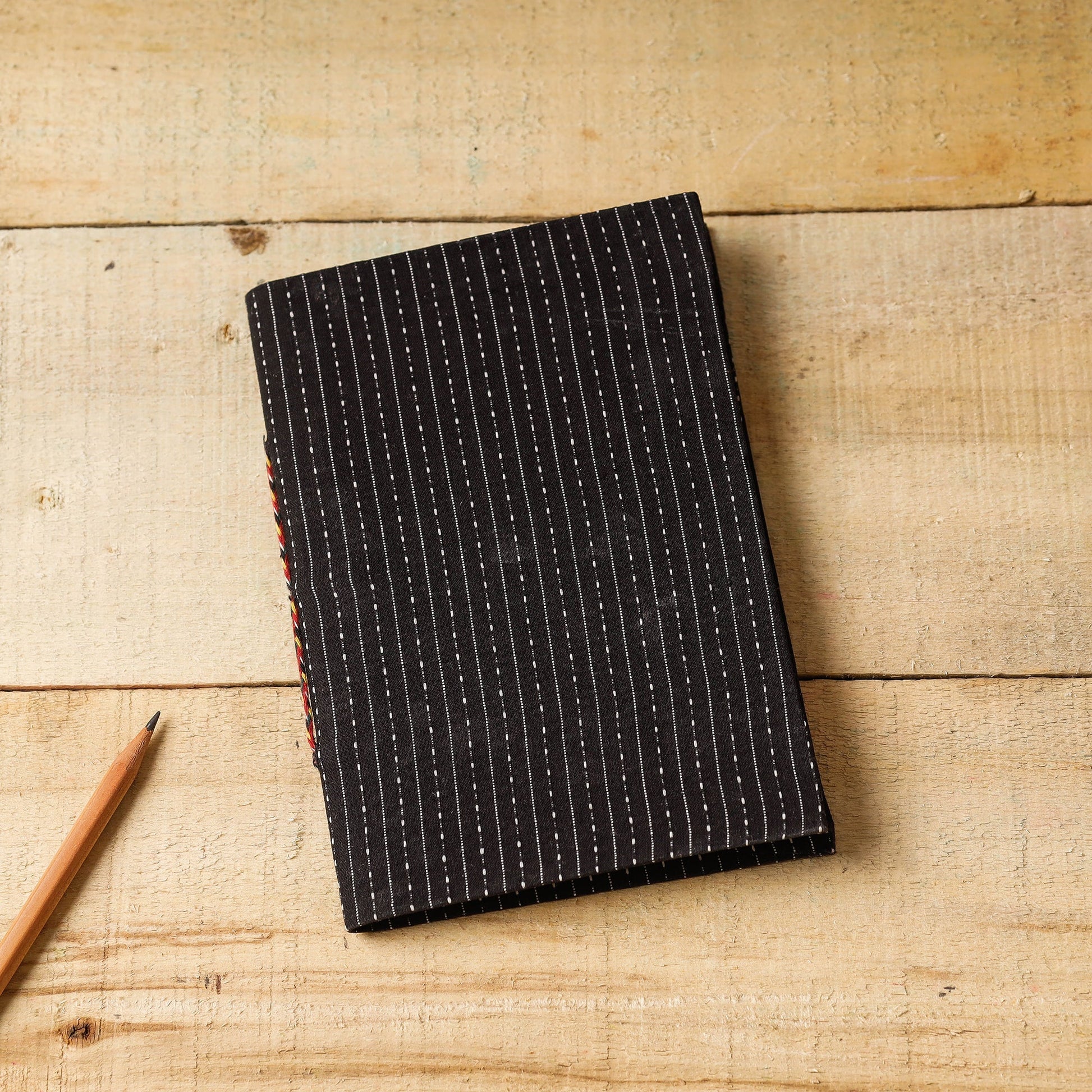Black - Kantha Stitch Fabric Cover Handmade Paper Notebook (7 x 5 in)