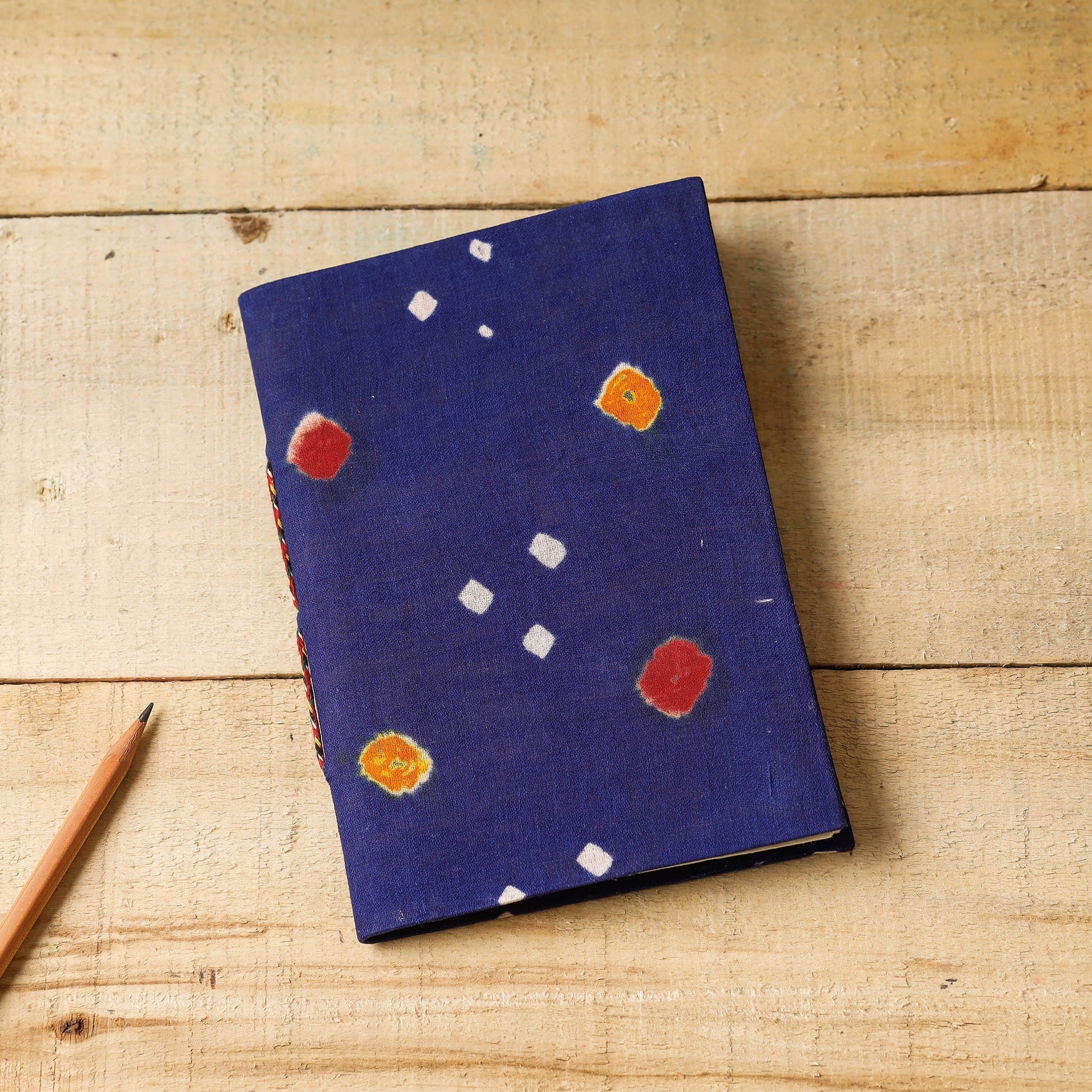 Blue - Bandhani Fabric Cover Handmade Paper Notebook (7 x 5 in)