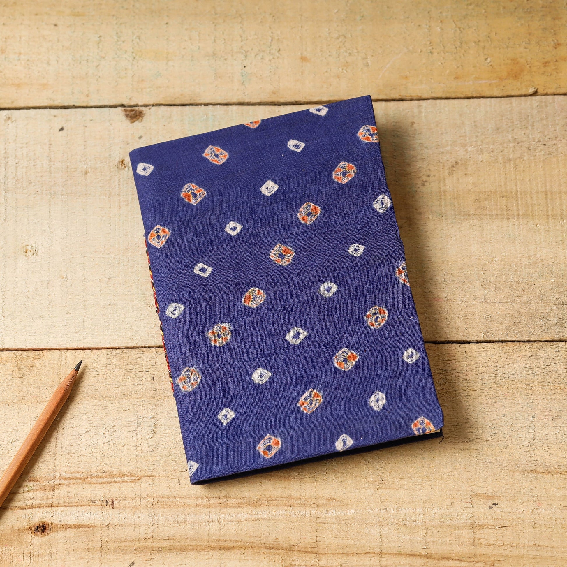 Blue - Bandhani Fabric Cover Handmade Paper Notebook (7 x 5 in)