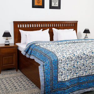 Blue - Double - Sanganeri Printed Reversible Soft Cotton Quilt / Blanket (104 x 88 in)