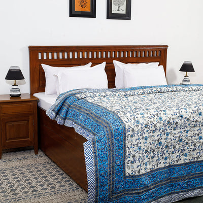 Blue - Double - Sanganeri Printed Reversible Soft Cotton Quilt / Blanket (104 x 88 in)