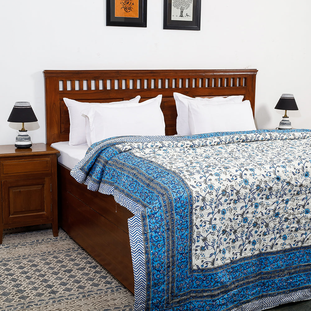 Blue - Double - Sanganeri Printed Reversible Soft Cotton Quilt / Blanket (104 x 88 in)