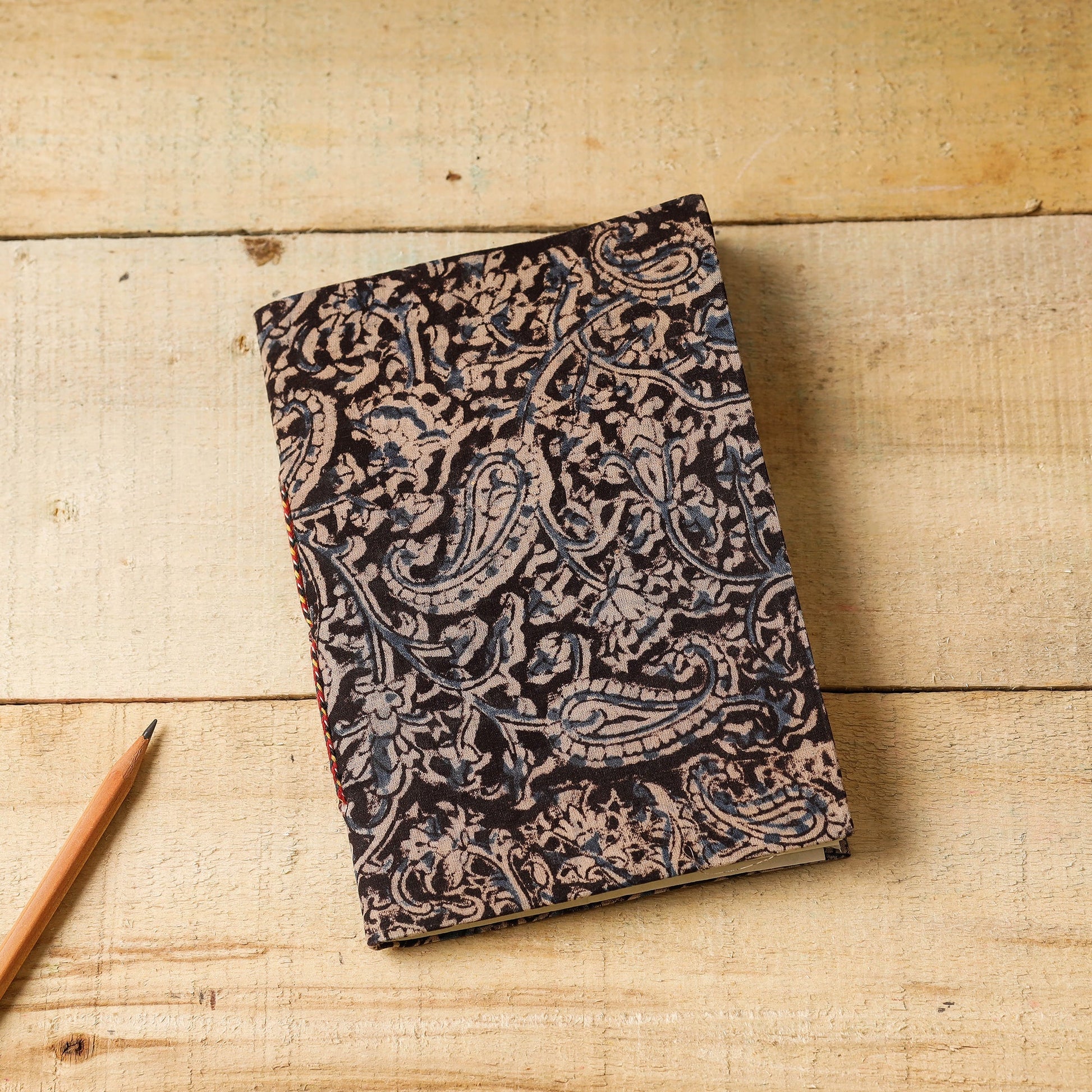 Black - Kalamkari Fabric Cover Handmade Paper Notebook (7 x 5 in)