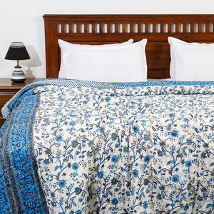 Blue - Double - Sanganeri Printed Reversible Soft Cotton Quilt / Blanket (104 x 88 in)
