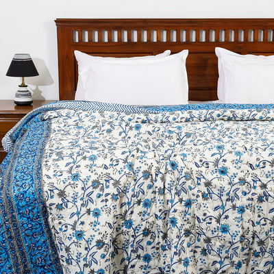 Blue - Double - Sanganeri Printed Reversible Soft Cotton Quilt / Blanket (104 x 88 in)