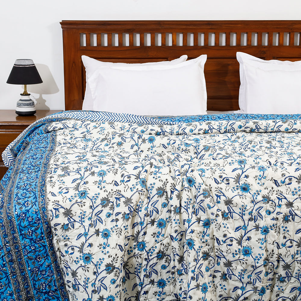 Blue - Double - Sanganeri Printed Reversible Soft Cotton Quilt / Blanket (104 x 88 in)