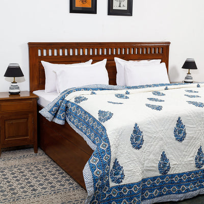 Blue - Double - Sanganeri Printed Reversible Soft Cotton Quilt / Blanket (104 x 88 in)