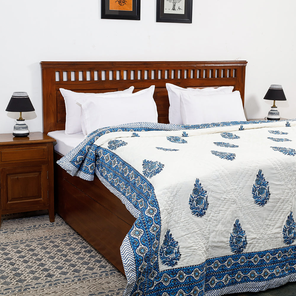 Blue - Double - Sanganeri Printed Reversible Soft Cotton Quilt / Blanket (104 x 88 in)