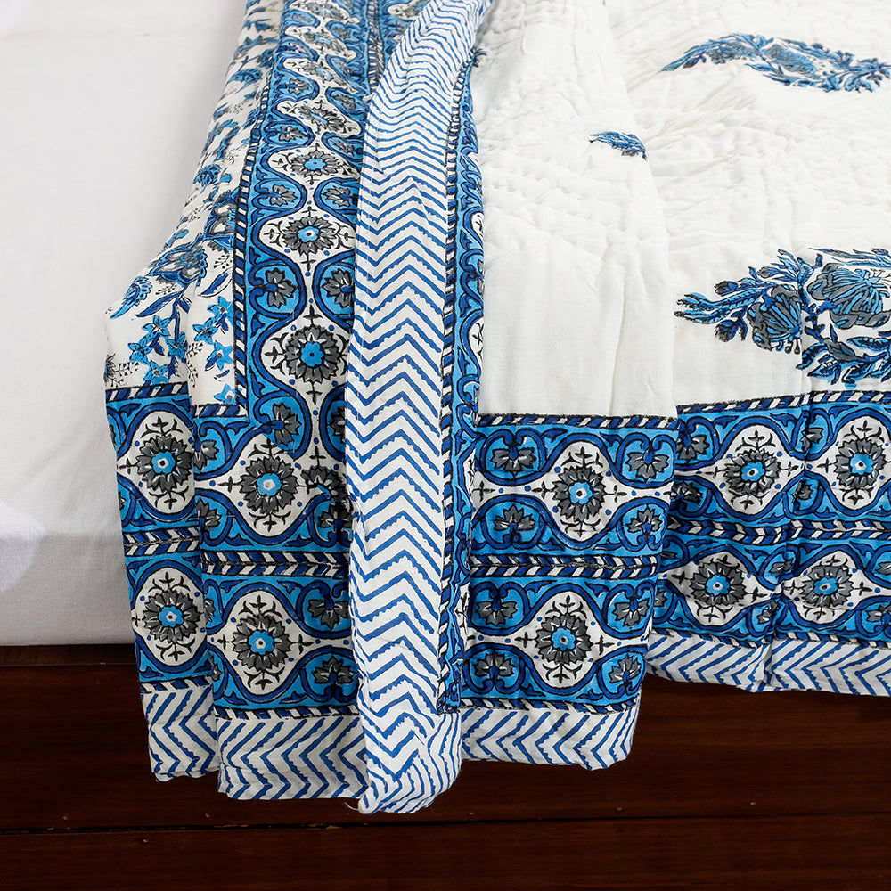 Blue - Double - Sanganeri Printed Reversible Soft Cotton Quilt / Blanket (104 x 88 in)