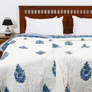 Blue - Double - Sanganeri Printed Reversible Soft Cotton Quilt / Blanket (104 x 88 in)