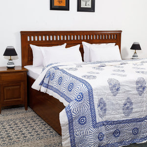 Blue - Double - Sanganeri Printed Reversible Soft Cotton Quilt / Blanket (104 x 88 in)
