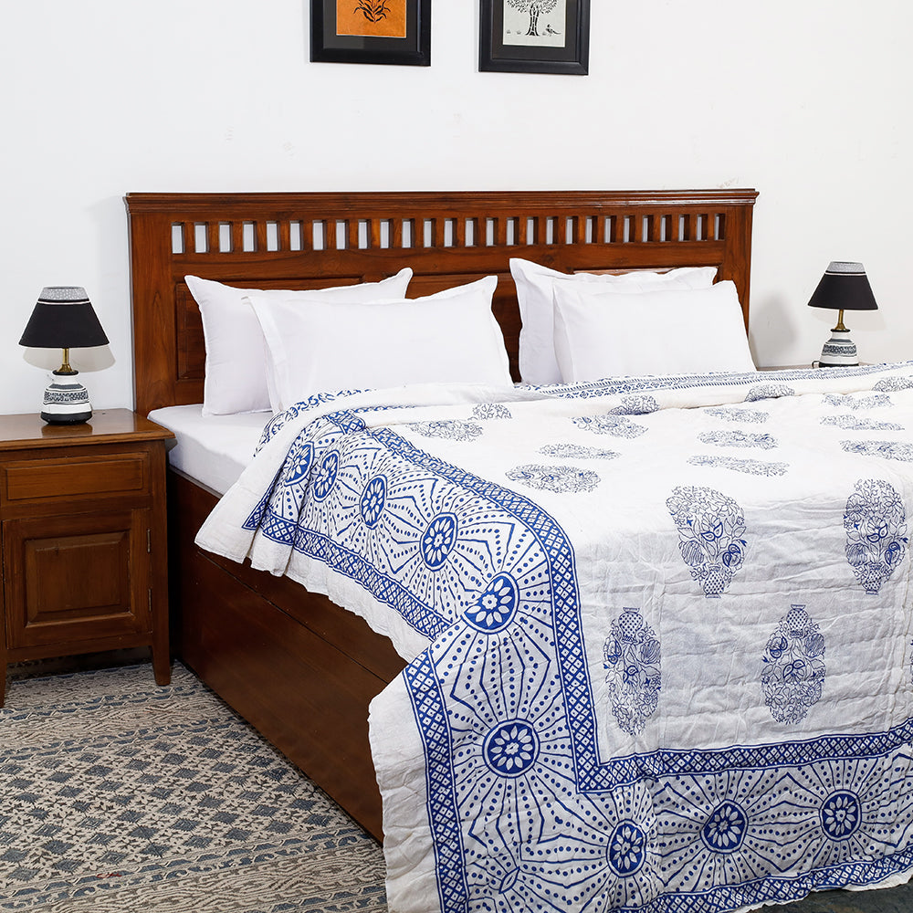 Blue - Double - Sanganeri Printed Reversible Soft Cotton Quilt / Blanket (104 x 88 in)