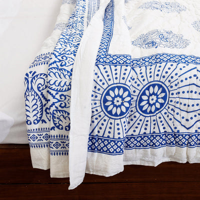 Blue - Double - Sanganeri Printed Reversible Soft Cotton Quilt / Blanket (104 x 88 in)