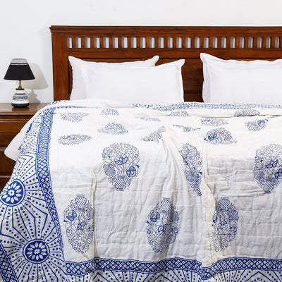 Blue - Double - Sanganeri Printed Reversible Soft Cotton Quilt / Blanket (104 x 88 in)