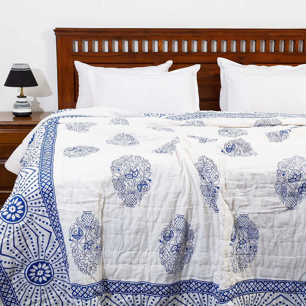 Blue - Double - Sanganeri Printed Reversible Soft Cotton Quilt / Blanket (104 x 88 in)
