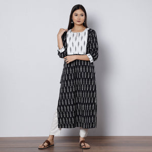 Black - Pochampally Ikat Weave Cotton Long Straight Kurta