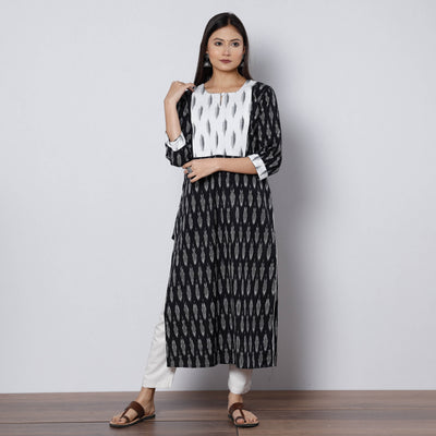 Black - Pochampally Ikat Weave Cotton Long Straight Kurta