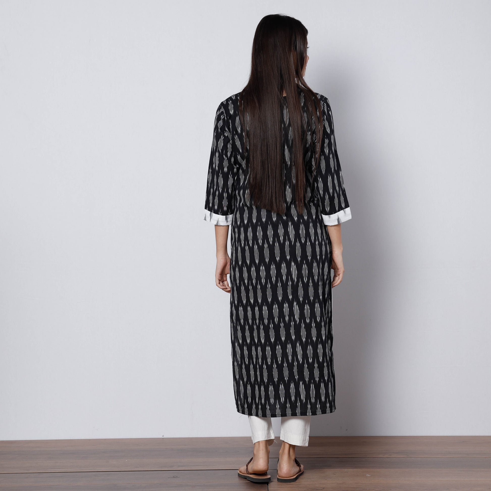 Black - Pochampally Ikat Weave Cotton Long Straight Kurta