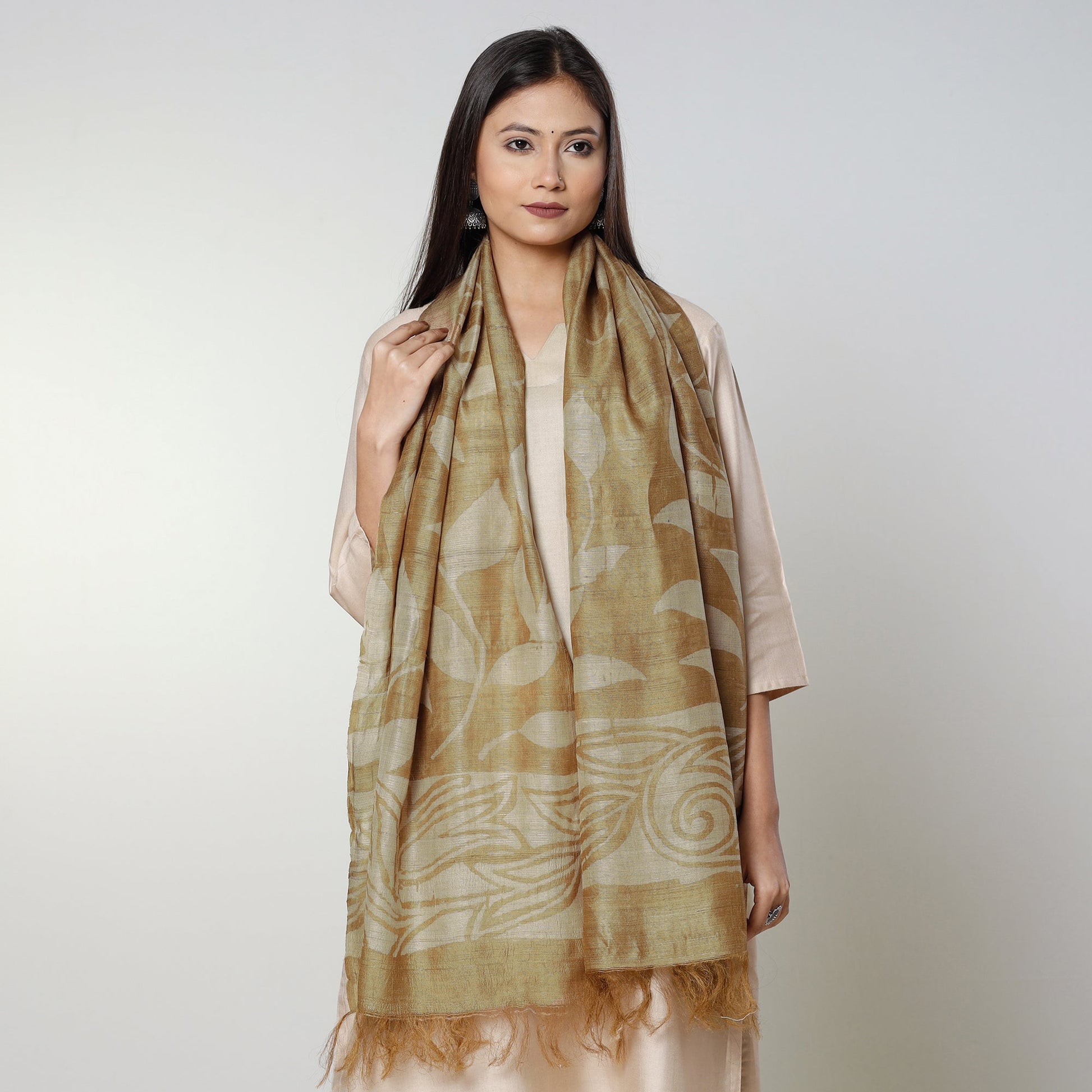 Brown - Handloom Block Art Print Tussar Silk Bindaas Stole