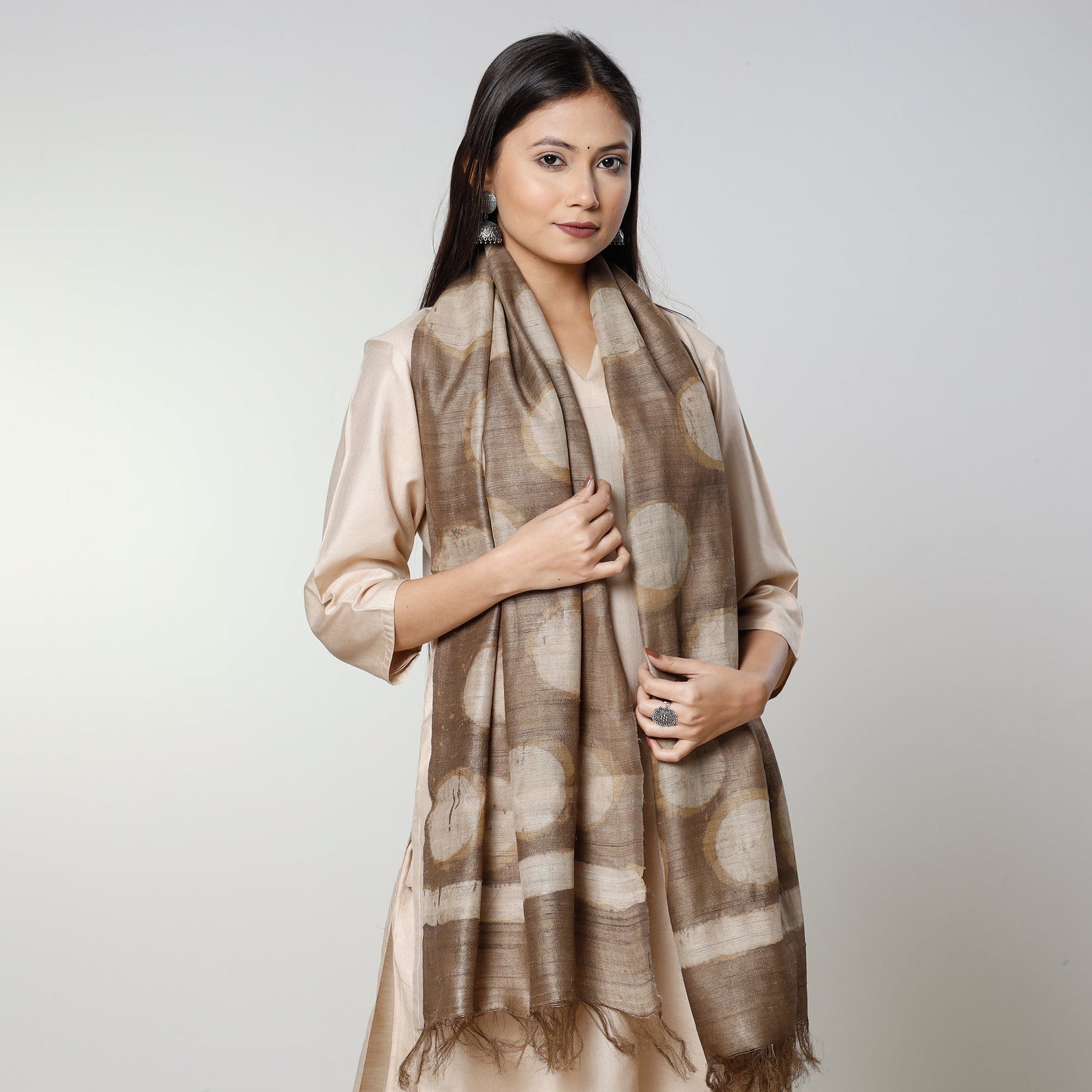 Brown - Handloom Block Art Print Tussar Silk Bindaas Stole
