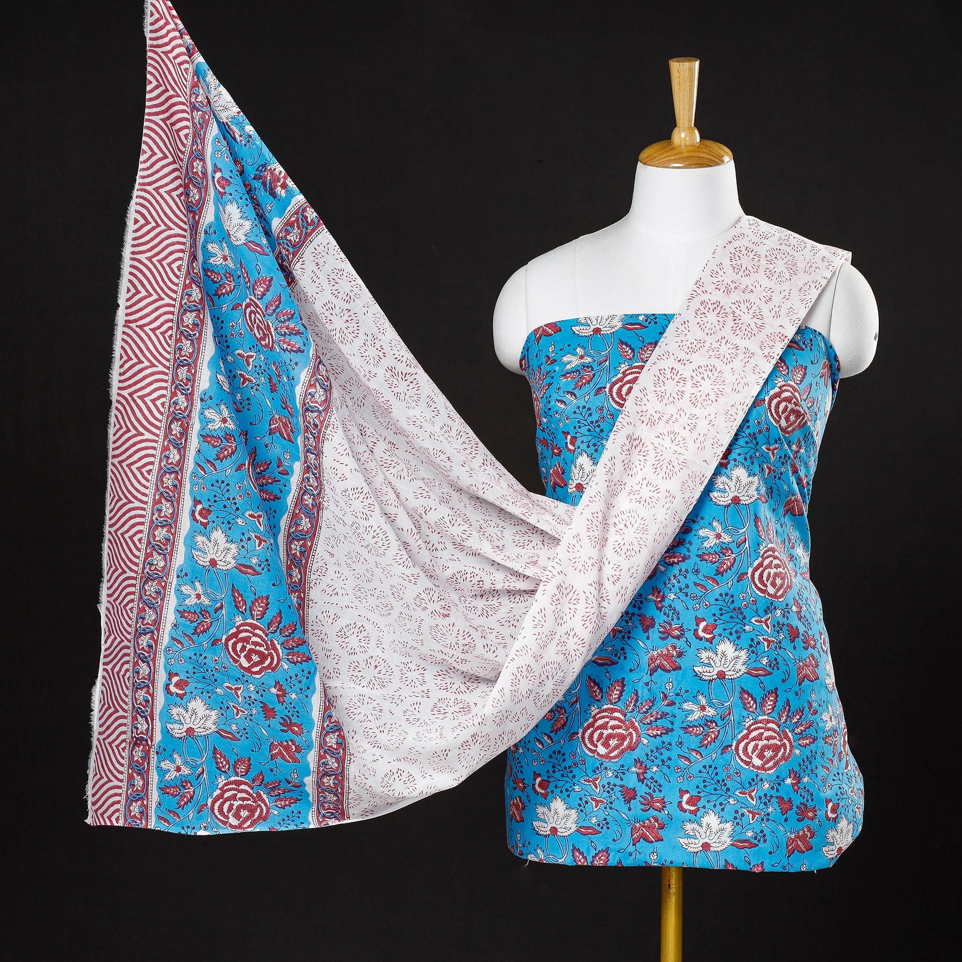 Blue - 3pc Sanganeri Block Printed Cotton Suit Material Set