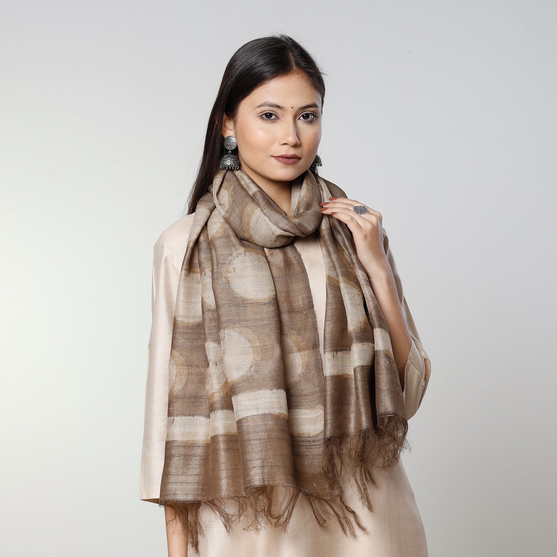 Brown - Handloom Block Art Print Tussar Silk Bindaas Stole