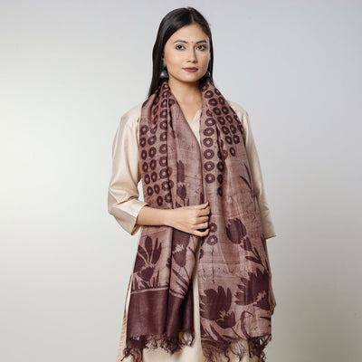 Brown - Handloom Block Art Print Tussar Silk Bindaas Stole